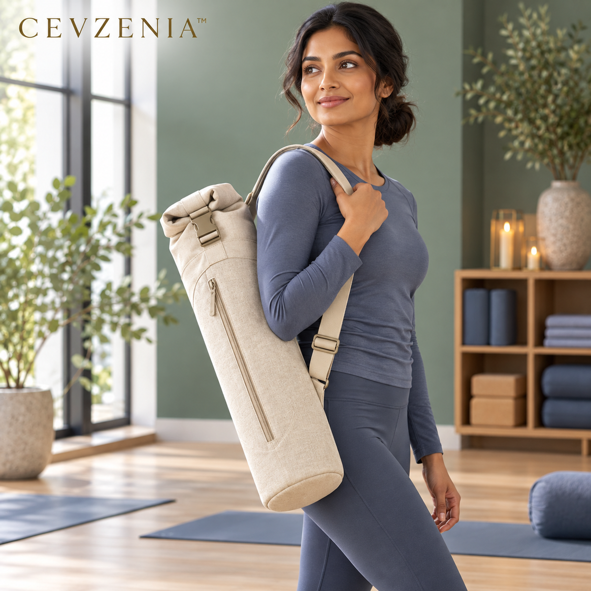 𝑪𝑬𝑽𝒁𝑬𝑵𝑰𝑨™ Roll-Top Yoga Mat Carrier Bag | Adjustable Shoulder Bag with Zip Pocket